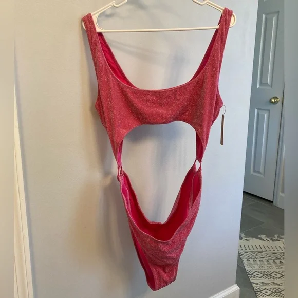 SKIMS NWT Magenta glitter swim cut out monokini size 3X