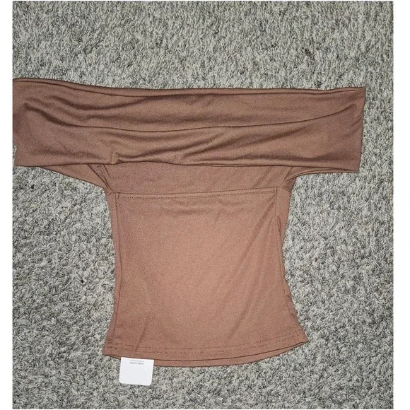 Shein Womens Brown Off The Shoulder Bardot Top Short Sleeve Slim Fit Stretch New