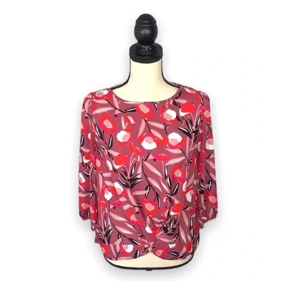 Allison Joy Floral Round Neck Faux Tie Blouse with 3/4 Sleeve Size Extra Small