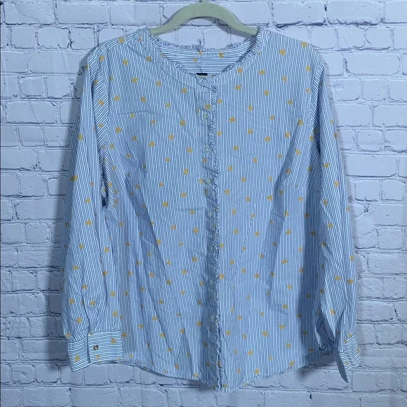 Talbots Womens Button Down Striped Top Heart Print Blue 2X Valentines Day Ruffle