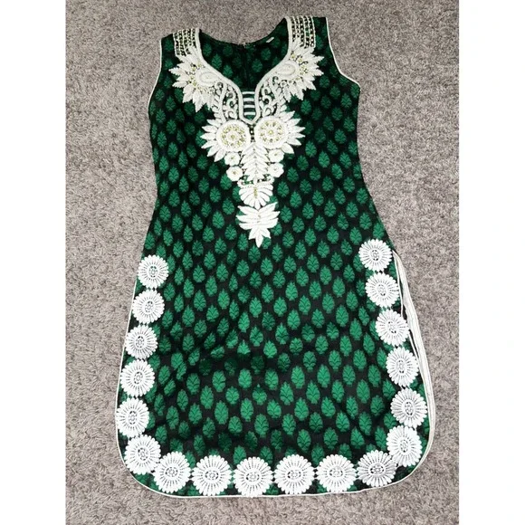 Embroidered Tunic Dress‎ Sleeveless Green Black Floral Party Size 34