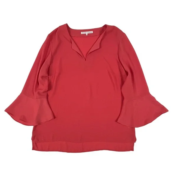 Violet + Claire Women Coral Red Bell Sleeve Notched V-Neck Blouse Top Large