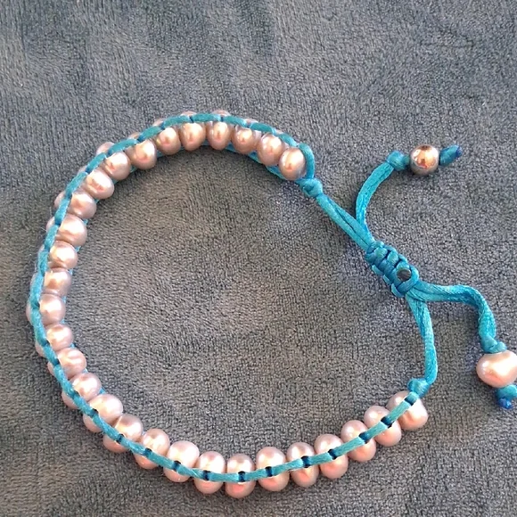 Silver Fresh Water Pearl Bead Bracelet with Turquoise Cord.