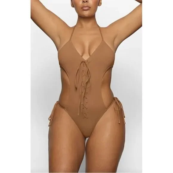 SKIMS SWIM MONOKINI LACE UP ONE PIECE Size XL