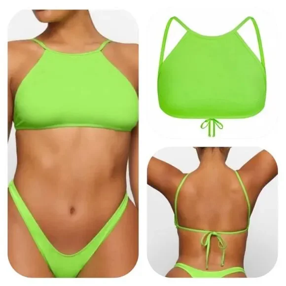 SKIMS NWT High Neck Bikini Top in Neon Green size M