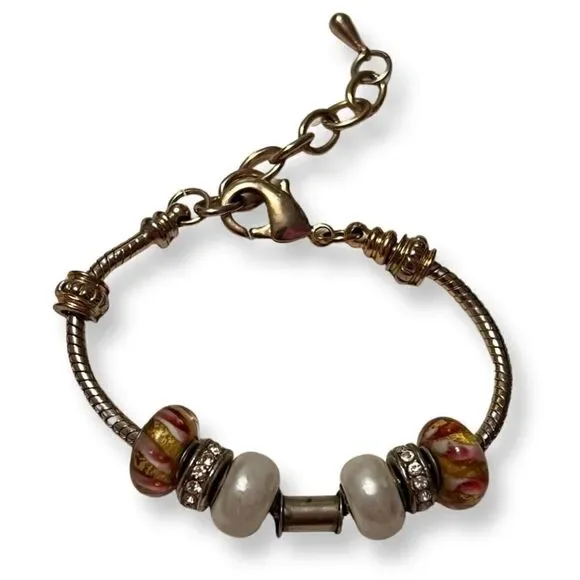 🤯5/$25🤯 Silver Tone Art Glass Rhinestone Pearl Charm Bracelet
