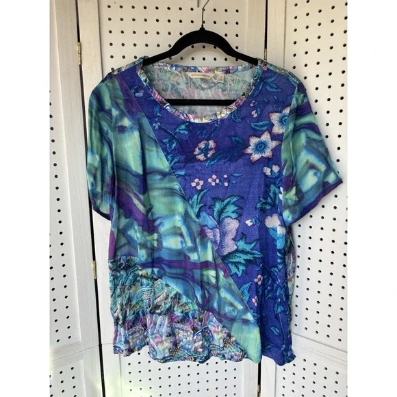 Soft Surroundings Short SLV Mixed Print Blue Purple Viscose Tee Shirt Blouse PL