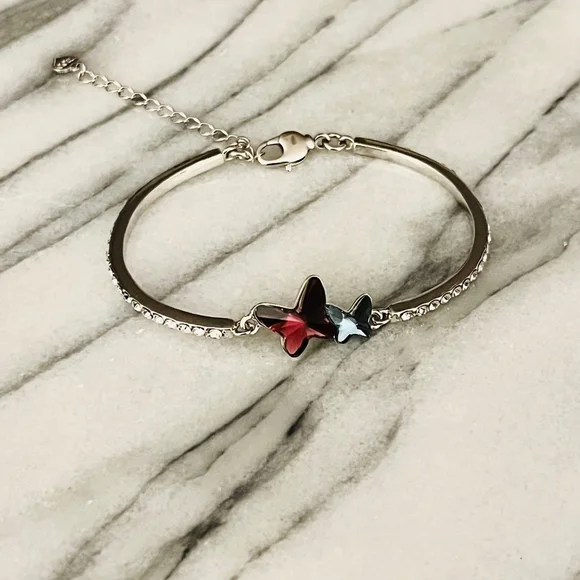 Crystal Butterfly Bracelet Blue Purple Pink Bangle Rhodium Plated Hypoallergenic
