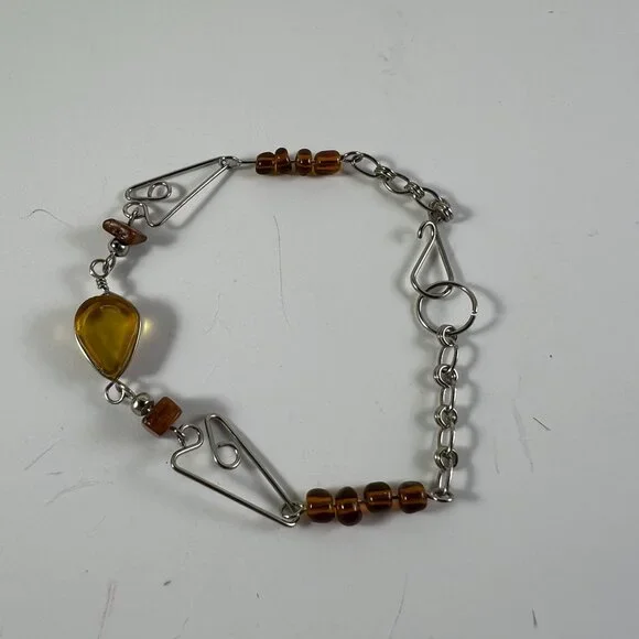 Handcrafted Silver Chain Bracelet With Amber-Colored Beads & Teardrop Pendant