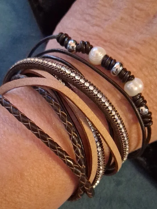 Express Brown Multi-Strand Leather Wrap Bracelet with Pearls and Rhinestones