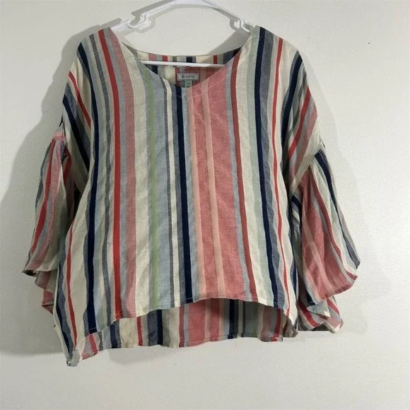 Susina Women's Multicolor Striped Blouse M V-Neck Ruffle Sleeves Casual