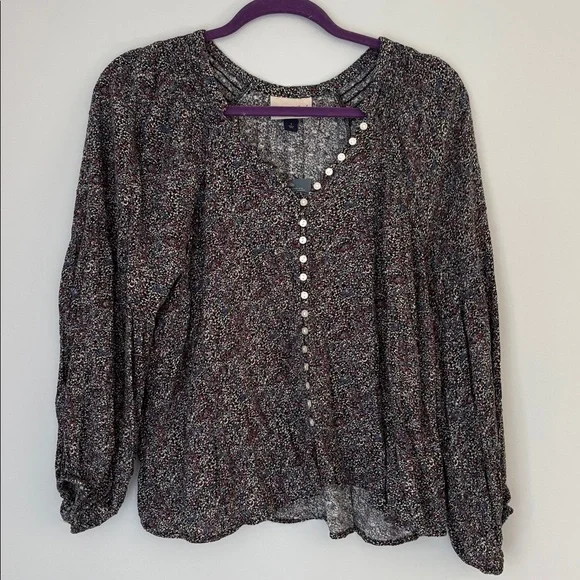 Universal Thread Button Up V Neck Blue and Purple Patterned Blouse Size Small