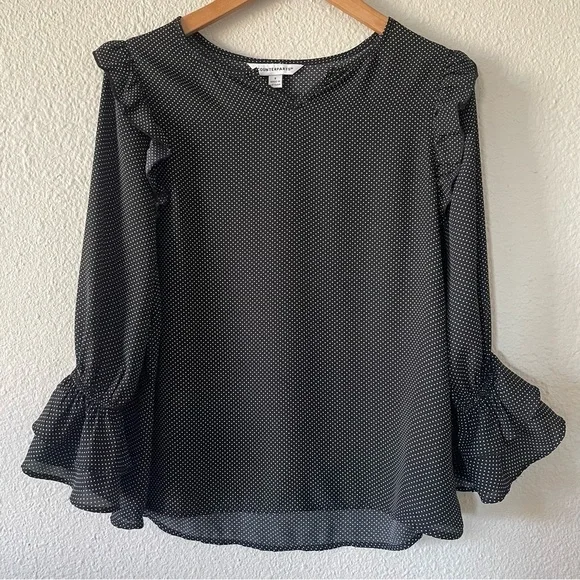 Counterparts Polka Dot Blouse Women’s S Black White Ruffle Corporate Office Chic