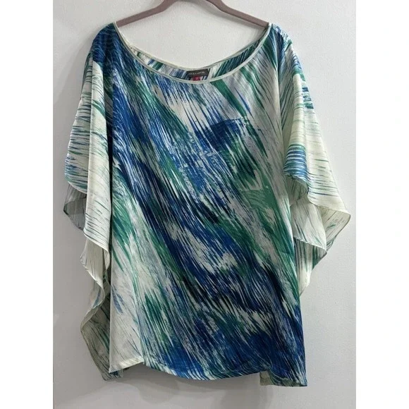 Vince Camuto Blue Green White Kaftan Pullover Watercolor Artsy Boho 3X