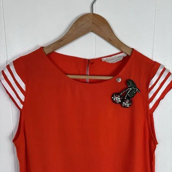 Roberta Biagi Vermillion Orange Cap‎ Sleeve Top With Rhinestone Embellishment