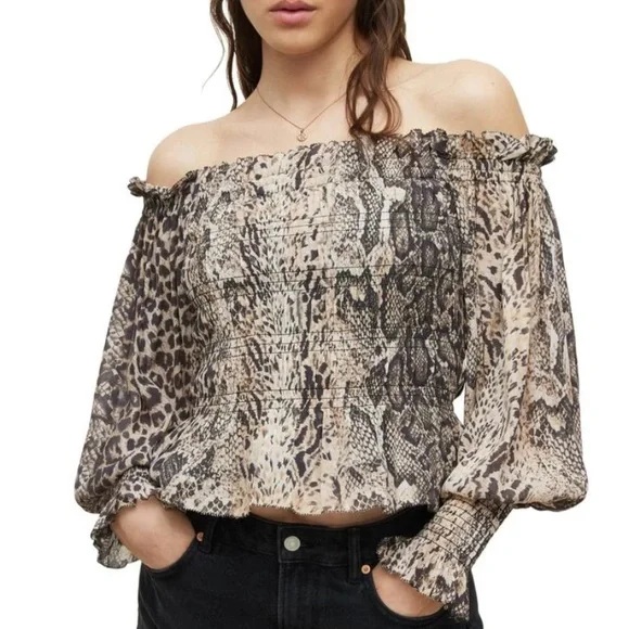 All Saints Lara Noche Off The Shoulder Smocked Peplum Top