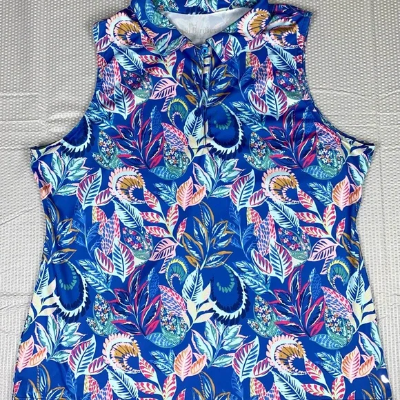 18 Birdies Polo Shirt Womens Large Blue Floral Paisley‎ Sleeveless Golf Stretch