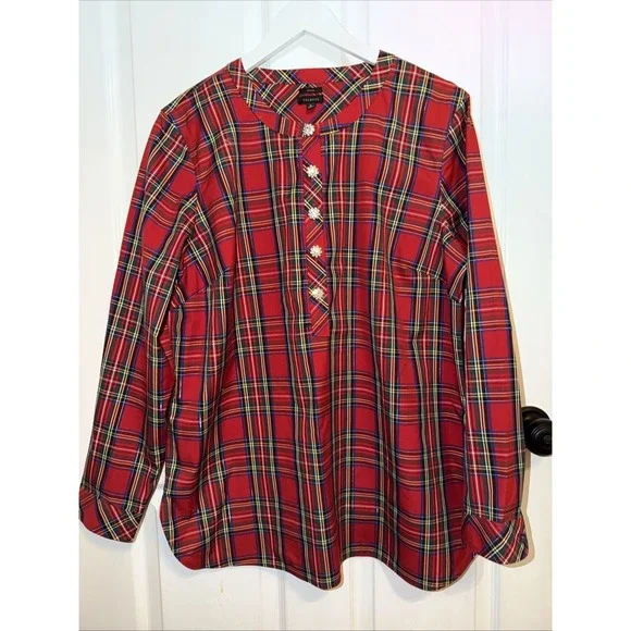 NWOT Talbots Non-Iron Band Collar Tunic Celebrate Tartan Bling‎ Button XL