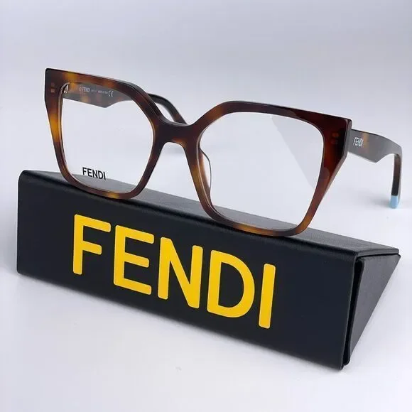 NEW Fendi FE50002I WAY 053 Shiny Havana Women Square Oversized Eyeglasses