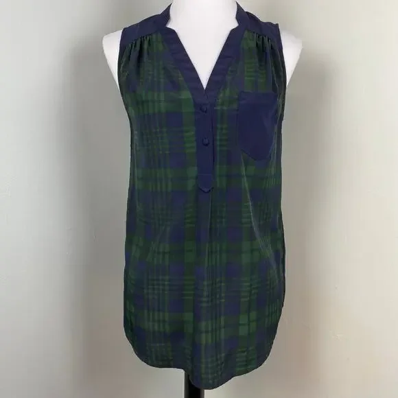 ModCloth Fervour Navy Green Tartan Plaid Sleeveless Blouse Small Holiday