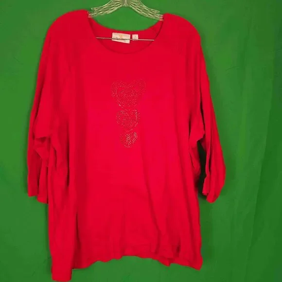 Quacker Factory Womens Red Embellished Heart Long Sleeve Shirt 2X Valentines Day