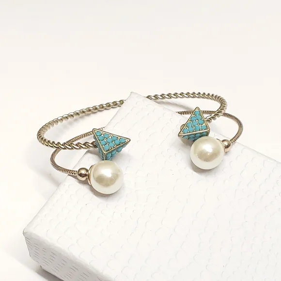 Turquoise Triangle Gold Tome Twist Cuff Bracelet & Rose Gold Pearl Bead Cuff