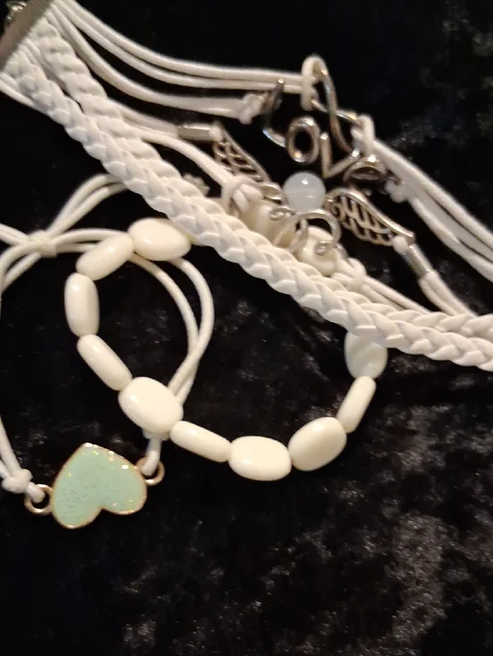 White Beaded Bracelet Set with Mint Heart Charm - Women Jewelry