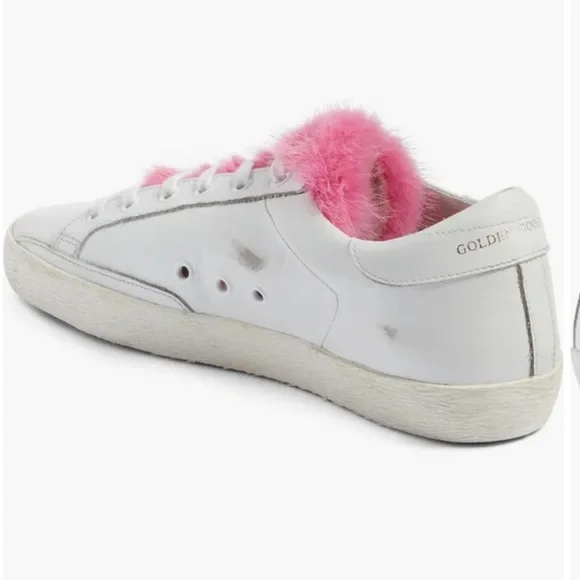 New Size 40 Golden Goose Superstar Sneakers White Leather Pink Mink Fur