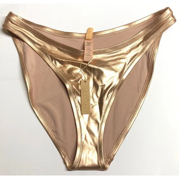 SKIMS Metallic Swim Bottoms Dipped Mid Waist Bottoms Gold NWT 4X