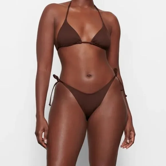 NWT SKIMS Recycled Swim Low Rise Tie Bikini Bottom In Cocoa Brown Swim Bottom