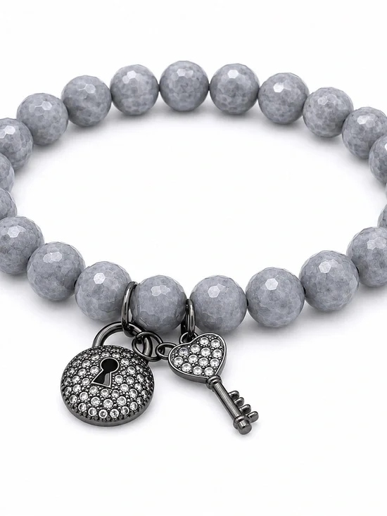 Gray Agate Key & Lock Charm Bracelet | Pave Crystal Charms | Stretch Beaded