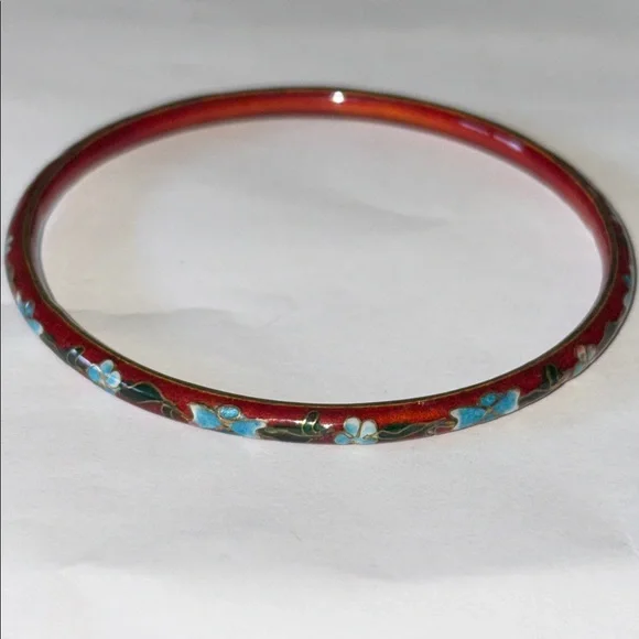 Elegant Red Floral Cloisonné Bangle Bracelet