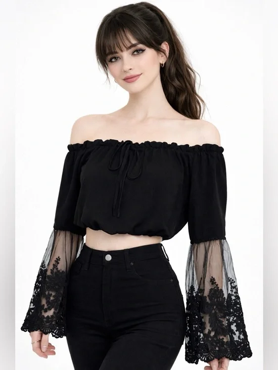 Black Off Shoulder Crop Top Lace Bell Sleeve Boho Goth Romantic Witchy Blouse M