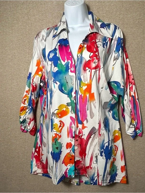 SNOSKINS Shirt Womens XL 3/4‎ Ruched Sleeves Colorful Watercolor Floral Tunic