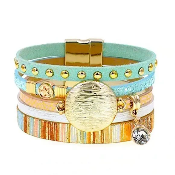 Boho Chic Multi-Layered Bracelet Teal Gold Studded Stripe Charm Bling Jewelry