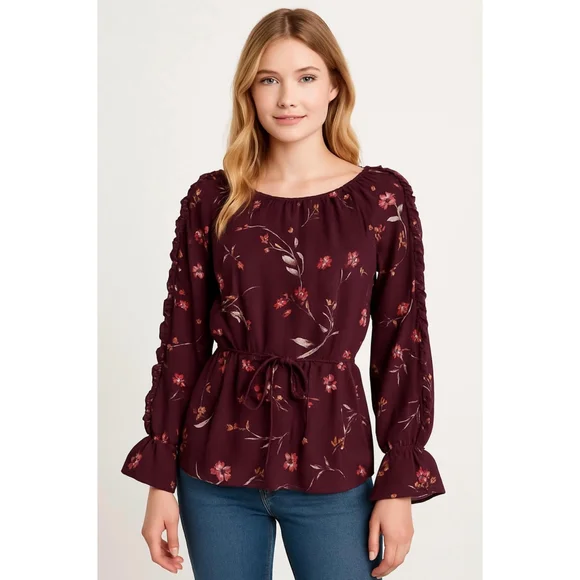 Women's Walter Baker Burgundy Floral Blouse M Ruffle Sleeve Cottagecore Romantic
