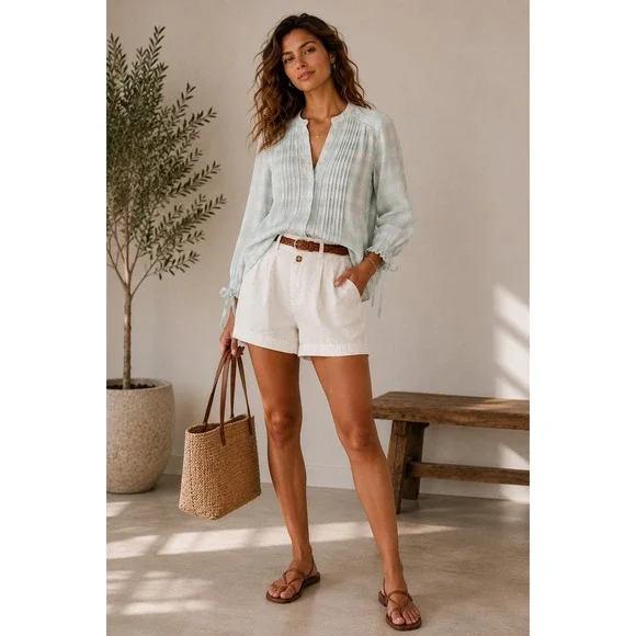 Sundance Cottagecore Gingham Pintuck Lace Cotton Blouse PXXS Tie Sleeve Top