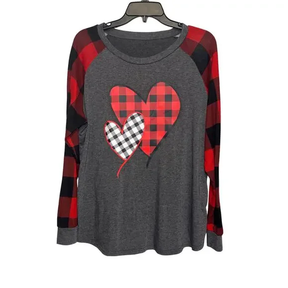 Gray long-sleeve raglan t-shirt with red‎ & black buffalo plaid sleeves - XL