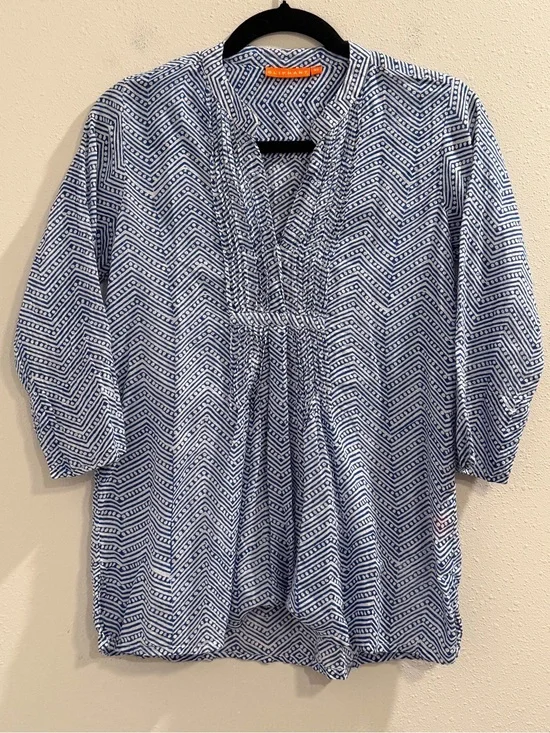 Oliphant Tuckernuck Size XS Geometric 3/4 Sleeve Tunic Blouse Cotton Boho
