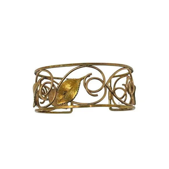 Vintage Cuff Bracelet Krementz Gold Tone Leaf Scroll Open Bangle