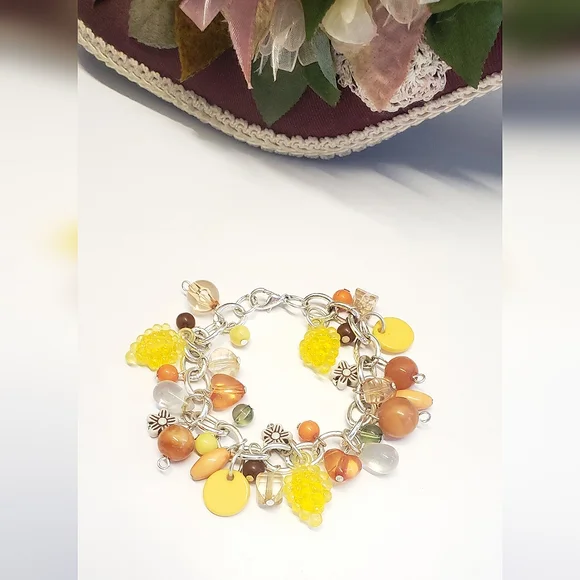 Autumn Flower Yellow Grapes Beaded Charm Bracelet