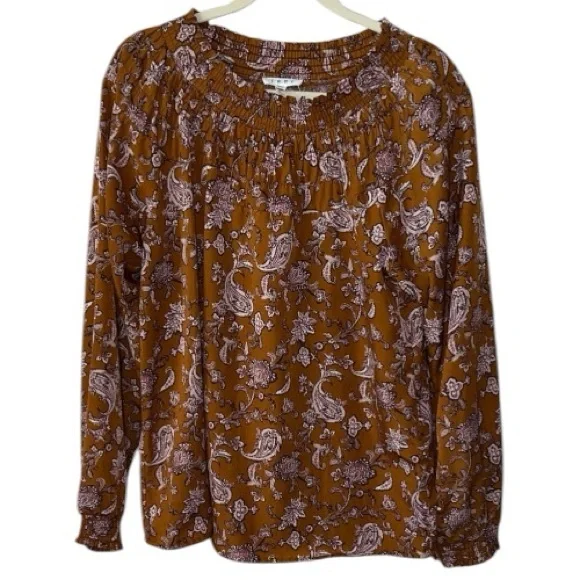 THML Paisley Floral Brown Smocked Long Sleeve Blouse Top Size M