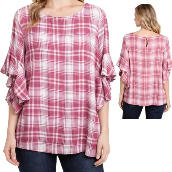 Chaps Womens NWT Pink Plaid Ruffle Tiered Sleeve Blouse Top Size Medium‎ NEW