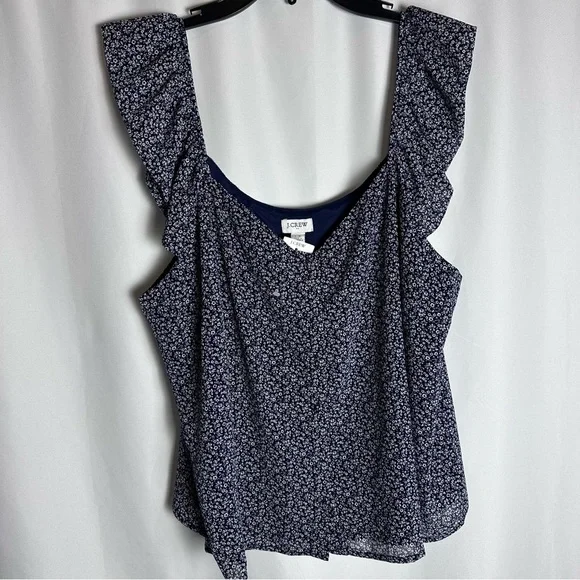 J.Crew Women’s Navy Floral Ruffle Sleeve Tank Top Size 14 NWT