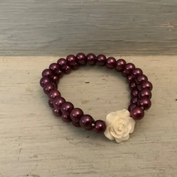 Royal Purple Double Layer Faux Pearl Beaded Bracelet with White Rose GC