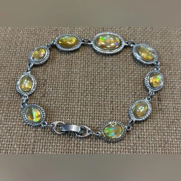 Silver Tone Yellow Opal Bracelet 7.5”