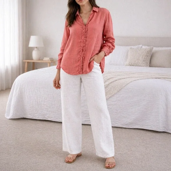 Free People CP Shades Tunic Women Small Coral Linen Ruffle Button Down Vacation