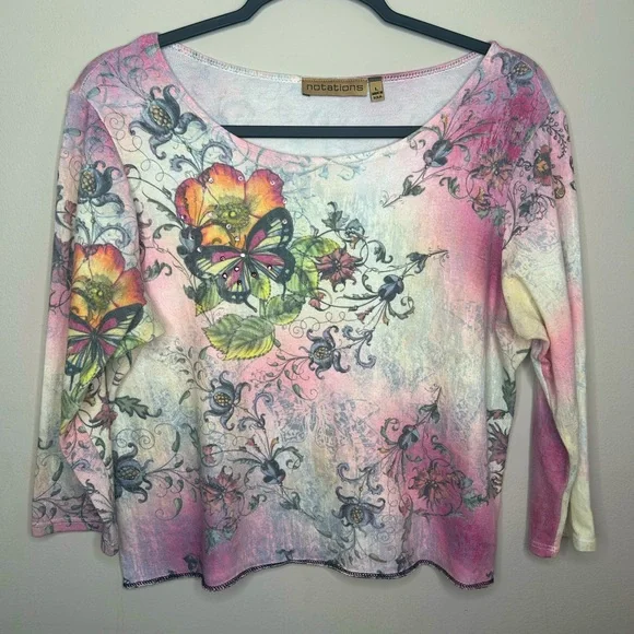 Vintage Y2K Butterfly Flower Rhinestone Bling 3/4 Sleeve Pink Notations Top L