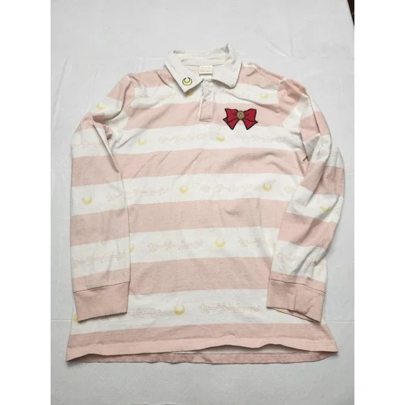 Sailor Moon Polo Shirt Womens XL Pink Stripe Long Sleeve BoxLunch Anime Cosplay