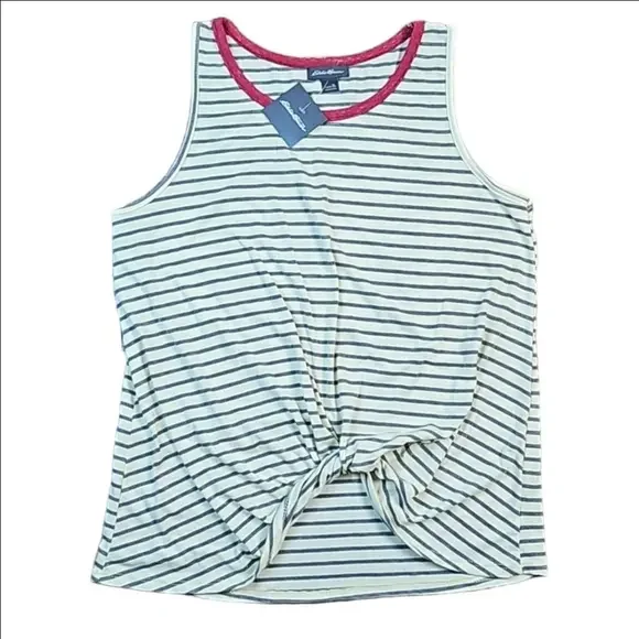 NWT Eddie Bauer Cotton Rayon Stretch Cream & Grey Stripe Front Knot Tank Top